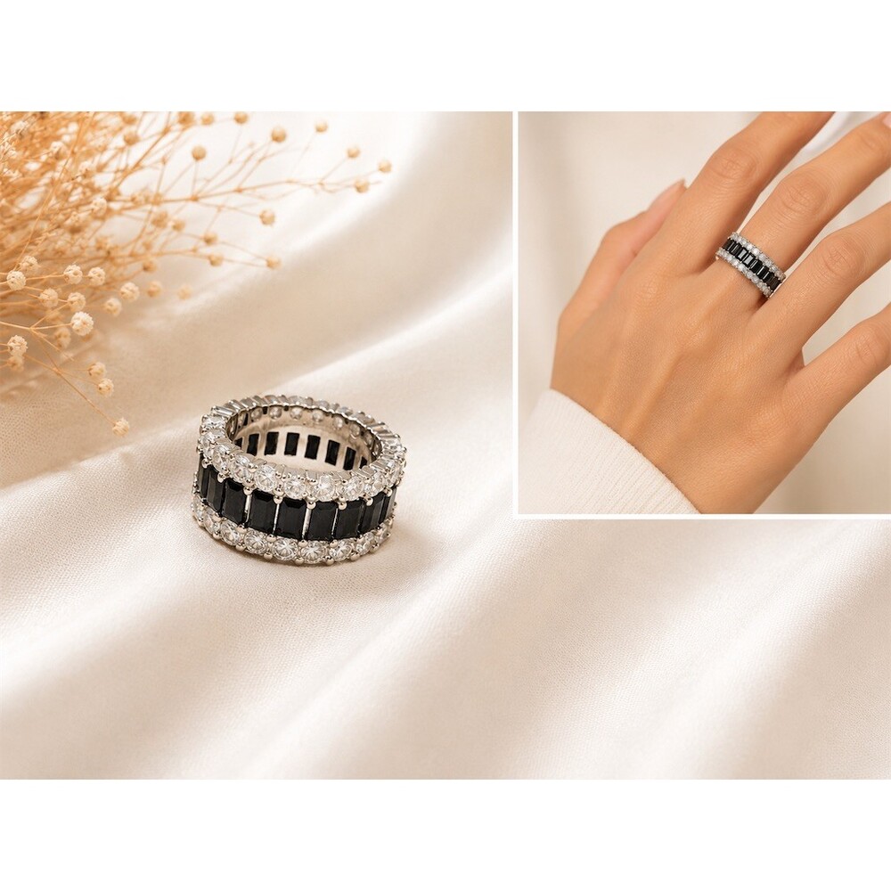Eternity Band Ring Size 8 Wide Silver Clear CZ black rhinestones sparkly chunky